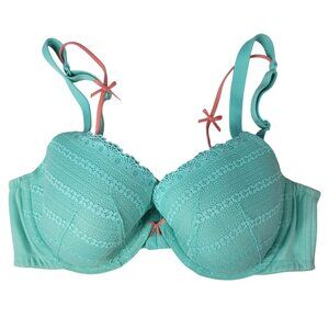 Cacique Cotton T-Shirt Bra Green 38D Lace Overlay Underwire Adj Light Padding